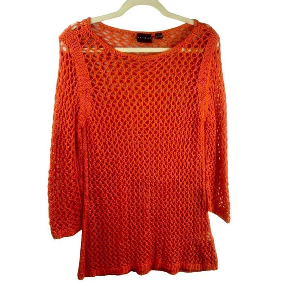 Tribal Tunic Sweater Women Large Orange Open‎ Knit Long Sleeves Pullover Boho - Picture 1 of 5